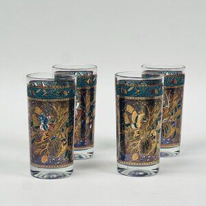 Vintage Houze Pheasant Highball Glasses MCM Man Cave Blue & Gold 12 oz Glasses